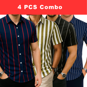 4 Pcs Half Sleeve Print Shirt- Blue Red+Lemon+Black Big+Navy Small