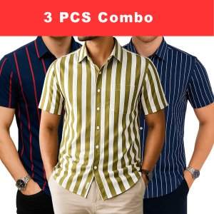 3 Pcs Half Sleeve Print Shirt- Blue Red+ Lemon+Navy Small
