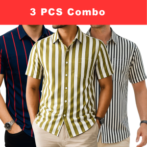 3 Pcs Half Sleeve Print Shirt- Blue Red+ Lemon+Black Small