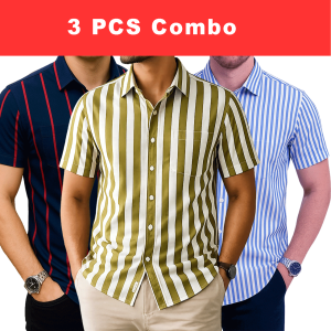 3 Pcs Half Sleeve Print Shirt- Blue Red+ Lemon+Sky Small